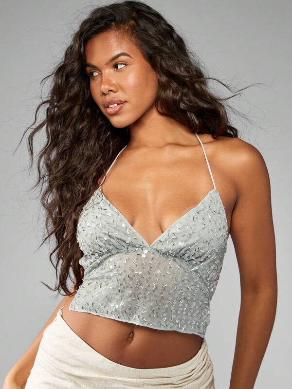 Missguided MISSGUIDED Sparkly Sequin Metallic Silver Halter Crop Bustier Top