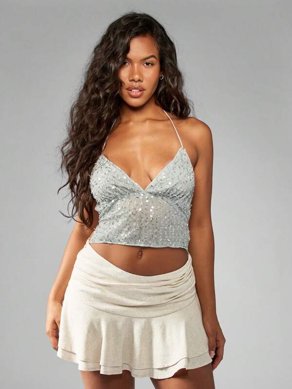 missguided MISSGUIDED Sparkly Sequin Metallic Silver Halter Crop Bustier Top