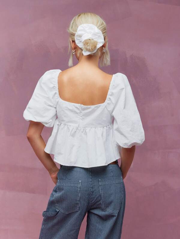 Missguided MISSGUIDED Square Neck Balloon Sleeves Peplum Top With Scrunchie