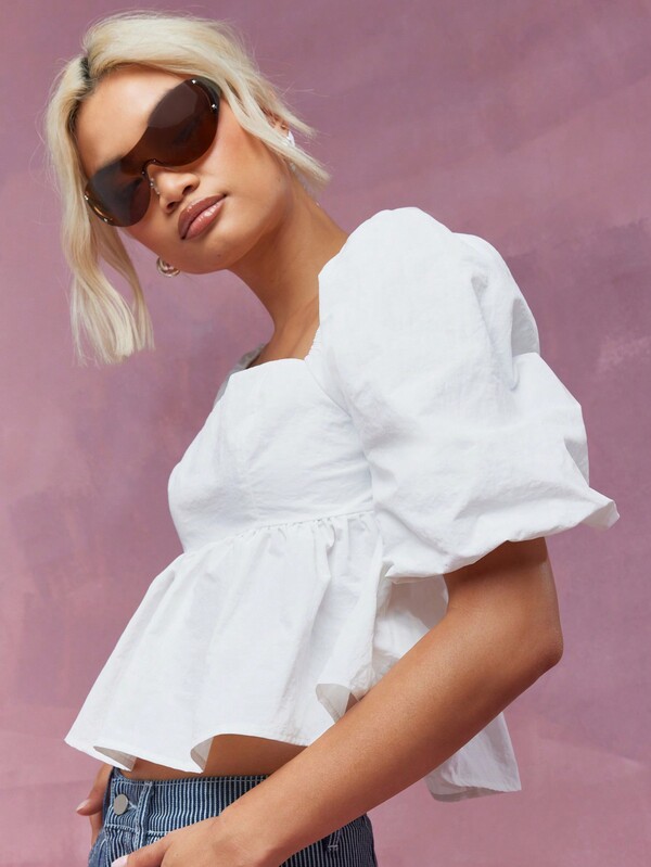 Missguided MISSGUIDED Square Neck Balloon Sleeves Peplum Top With Scrunchie