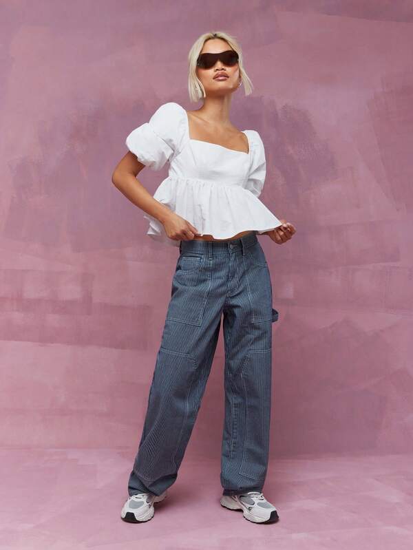 Missguided MISSGUIDED Square Neck Balloon Sleeves Peplum Top With Scrunchie