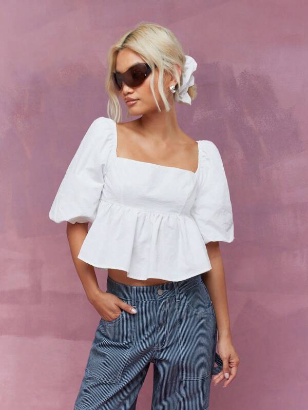 missguided MISSGUIDED Square Neck Balloon Sleeves Peplum Top With Scrunchie