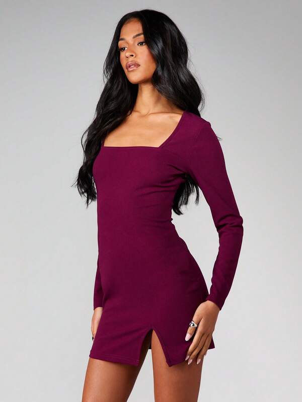 Missguided MISSGUIDED Square Neck Bodycon Mini Dress With Side Slit