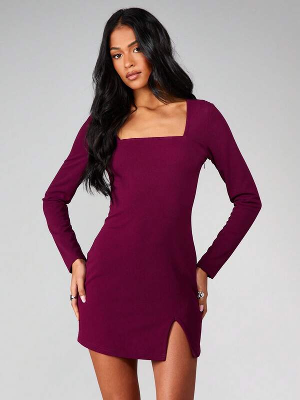 missguided MISSGUIDED Square Neck Bodycon Mini Dress With Side Slit