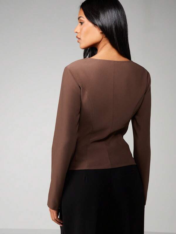 Missguided MISSGUIDED Square Neck Button Front Long Sleeve Blouse