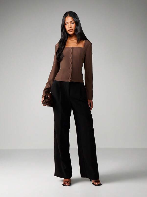 Missguided MISSGUIDED Square Neck Button Front Long Sleeve Blouse