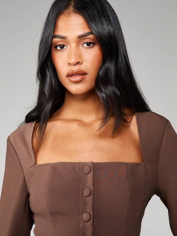 Missguided MISSGUIDED Square Neck Button Front Long Sleeve Blouse