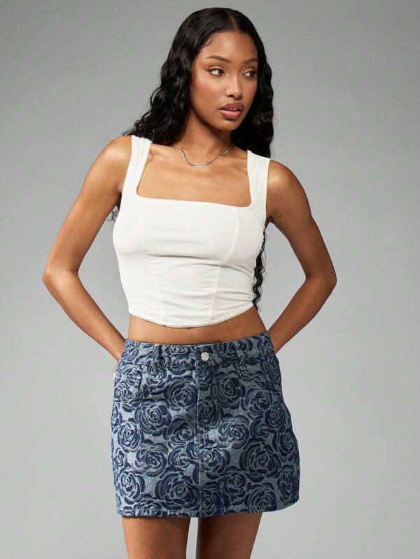 missguided MISSGUIDED Square Neck Corset Tank Top With Mesh Trim Detail