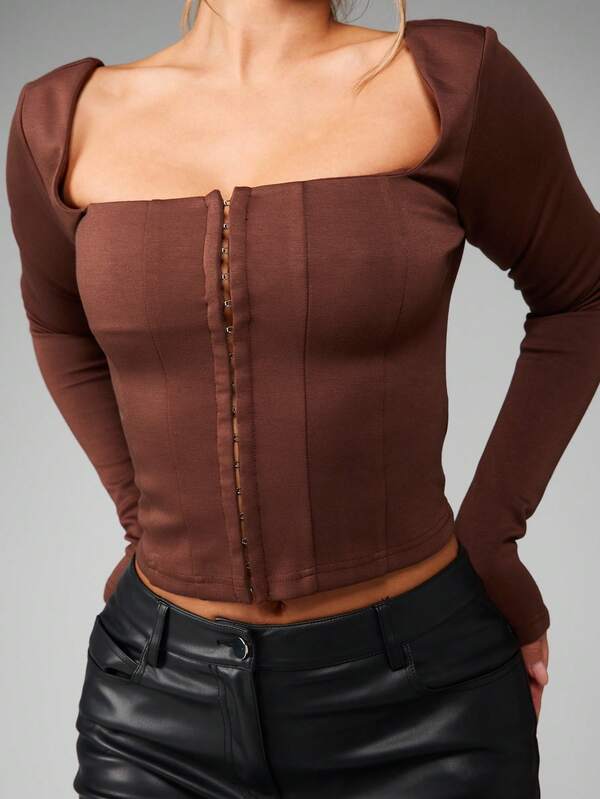 missguided MISSGUIDED Square Neck Corset Top With Buttons And Panels