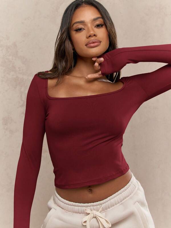 Missguided MISSGUIDED Square Neck Fitted Crop Top With Long Sleeves