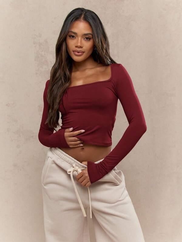 missguided MISSGUIDED Square Neck Fitted Crop Top With Long Sleeves