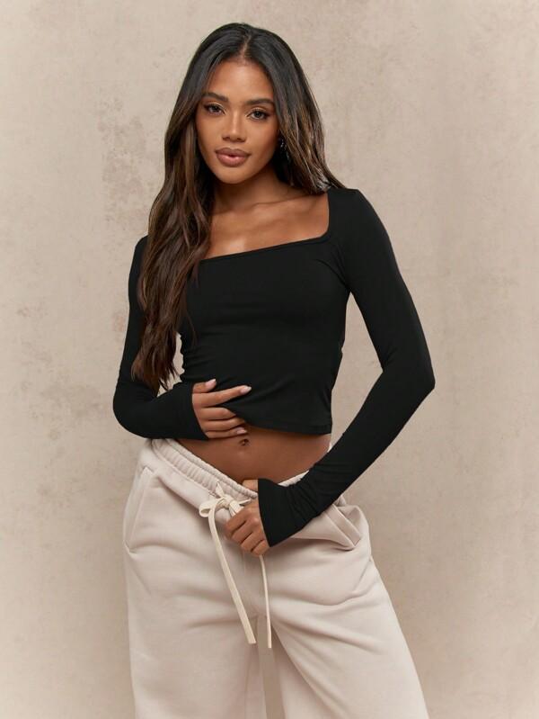 missguided MISSGUIDED Square Neck Fitted Crop Top With Long Sleeves