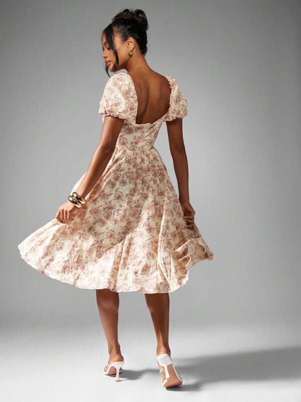 Missguided MISSGUIDED Square Neck Floral Print Puff Sleeve Fit And Flare Midi Dress