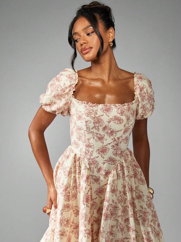 Missguided MISSGUIDED Square Neck Floral Print Puff Sleeve Fit And Flare Midi Dress