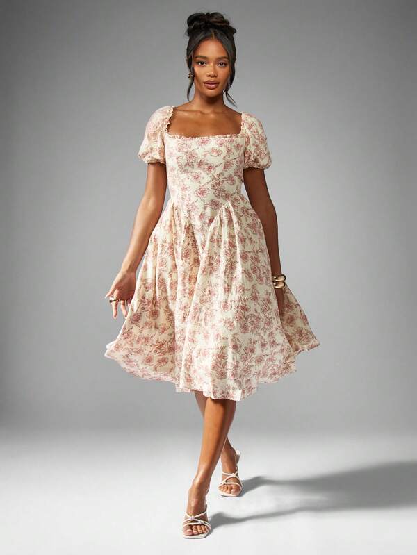 Missguided MISSGUIDED Square Neck Floral Print Puff Sleeve Fit And Flare Midi Dress