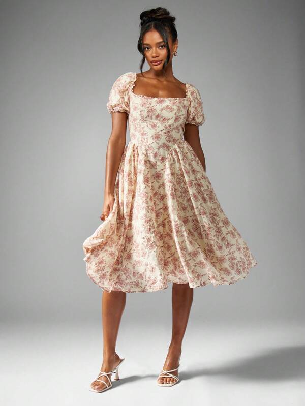 missguided MISSGUIDED Square Neck Floral Print Puff Sleeve Fit And Flare Midi Dress