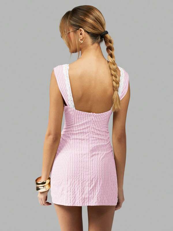 Missguided MISSGUIDED Square Neck Gingham Check Mini Dress Features Lace Trim