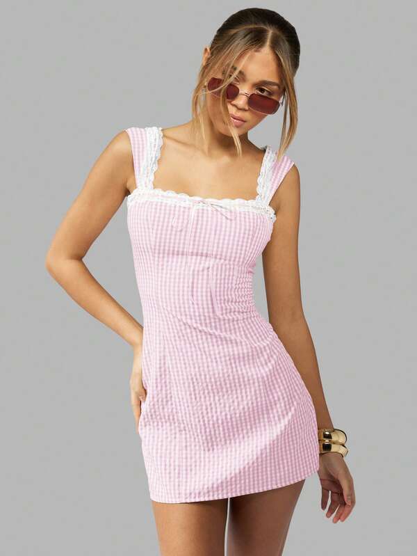 Missguided MISSGUIDED Square Neck Gingham Check Mini Dress Features Lace Trim