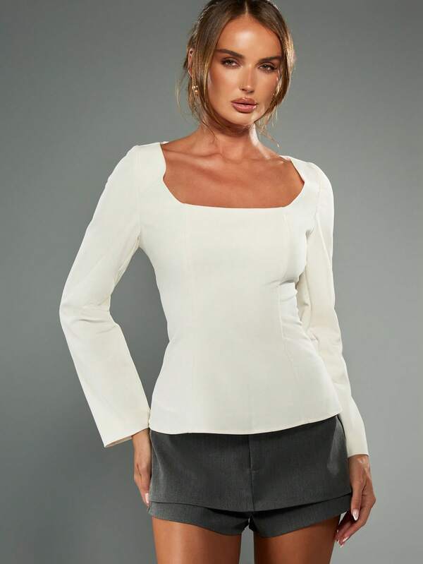 Missguided MISSGUIDED Square Neck Long Sleeve Fitted Blouse