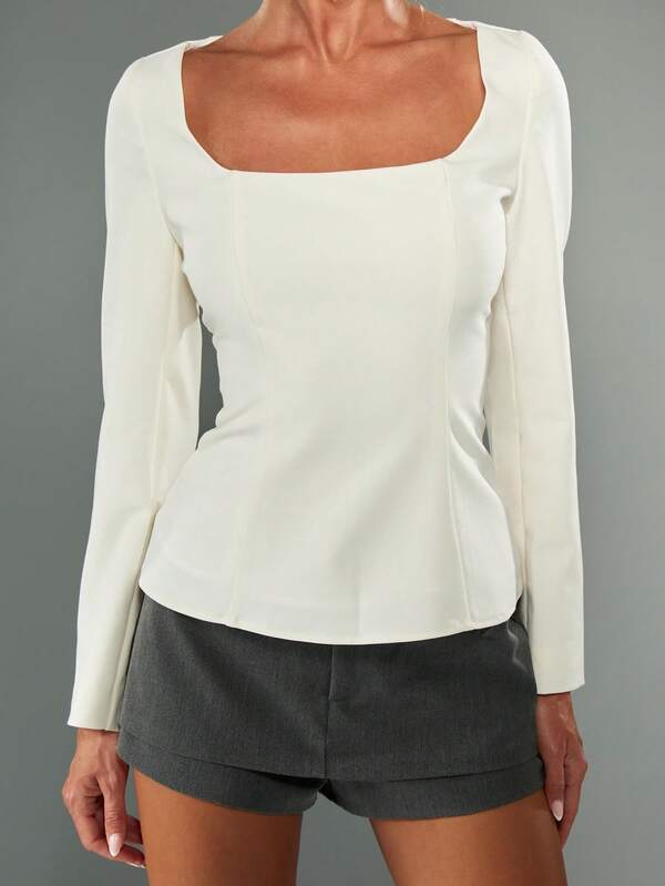 missguided MISSGUIDED Square Neck Long Sleeve Fitted Blouse