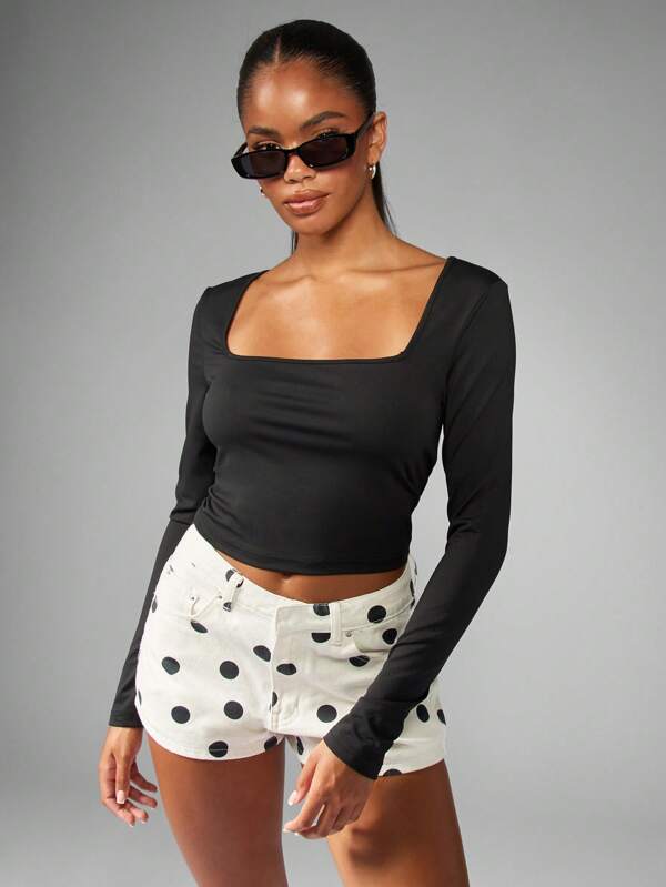 missguided MISSGUIDED Square Neck Long Sleeve Fitted Crop Top
