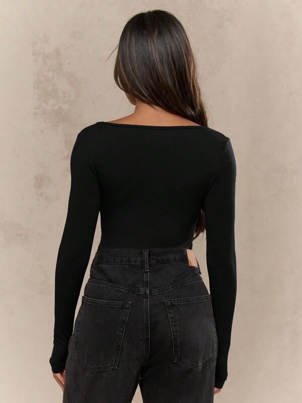 Missguided MISSGUIDED Square Neck Long Sleeve Form Fitting Bodysuit