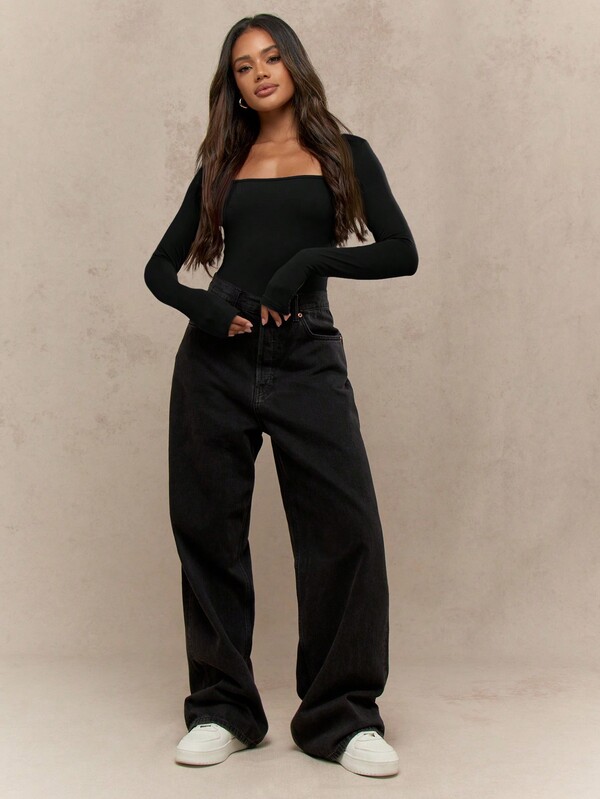 Missguided MISSGUIDED Square Neck Long Sleeve Form Fitting Bodysuit
