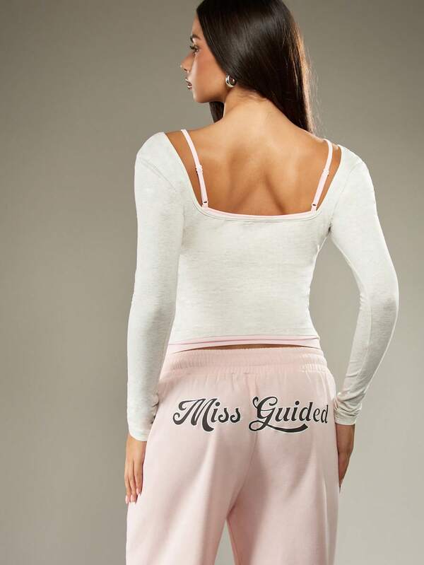 Missguided MISSGUIDED Square Neck Long Sleeve Ribbed Crop Top