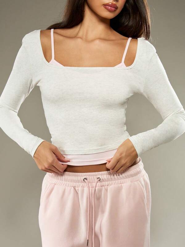 Missguided MISSGUIDED Square Neck Long Sleeve Ribbed Crop Top
