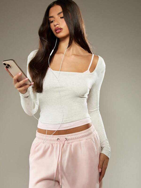 missguided MISSGUIDED Square Neck Long Sleeve Ribbed Crop Top