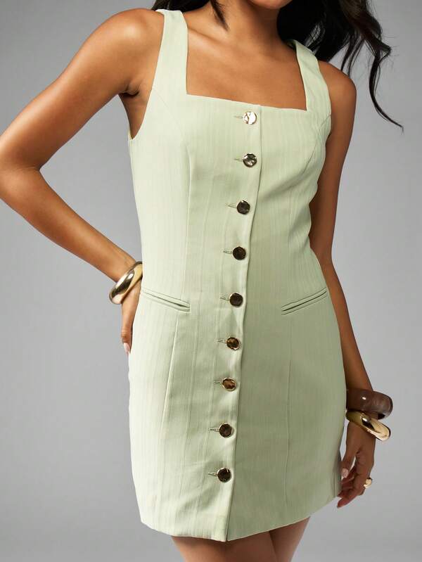Missguided MISSGUIDED Square Neck Mini Dress With Button Front And Pockets
