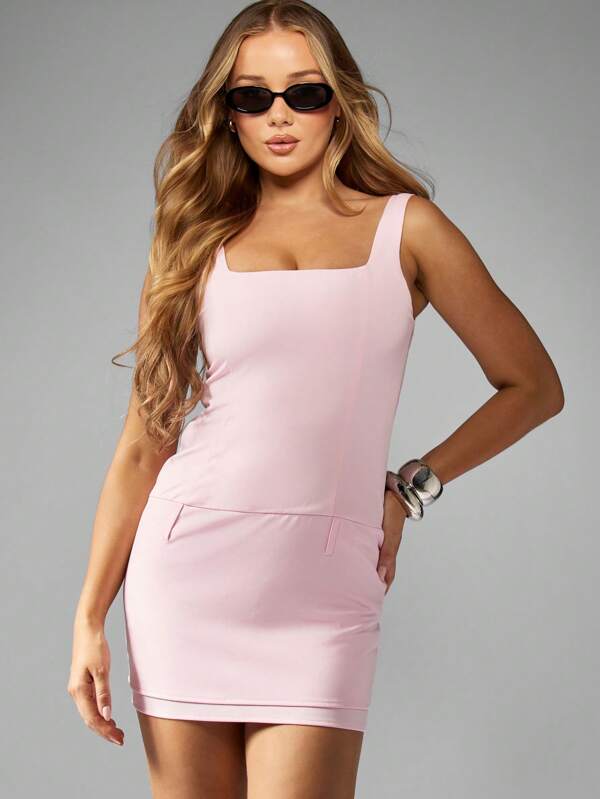 missguided MISSGUIDED Square Neck Mini Dress With Overlay Skirt Detail