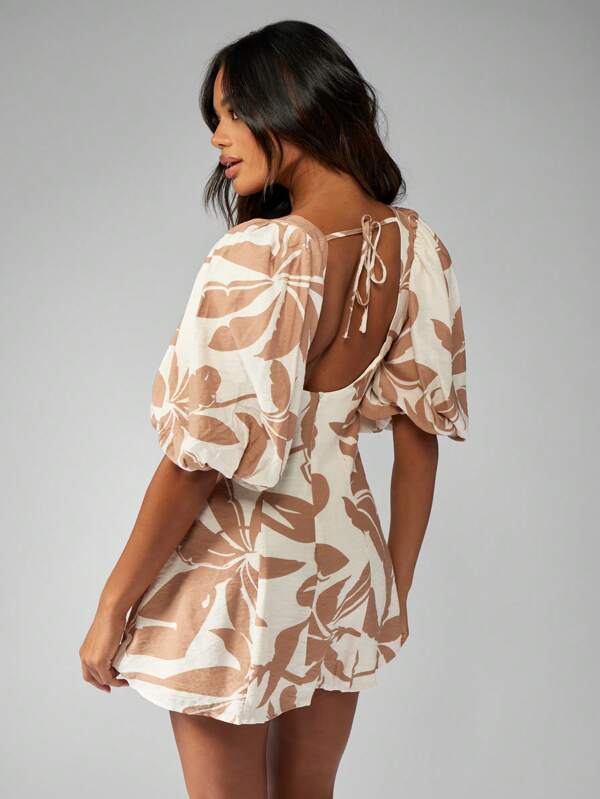Missguided MISSGUIDED Square Neck Puff Sleeve Botanical Print Mini Dress