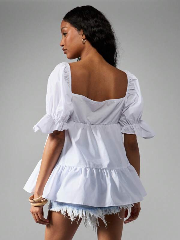 Missguided MISSGUIDED Square Neck Puff Sleeve Cotton Ruffle Hem Women Blouse