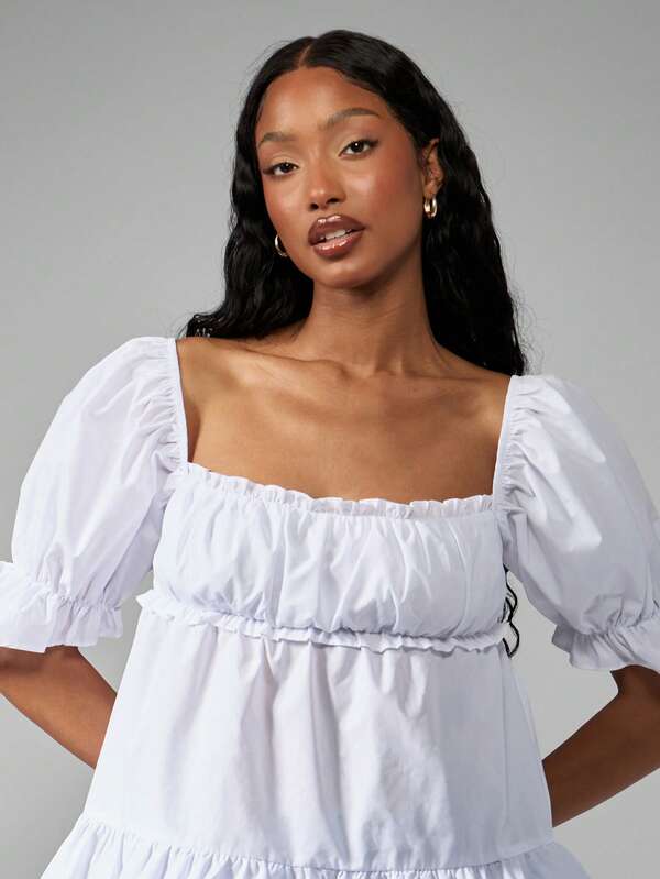 Missguided MISSGUIDED Square Neck Puff Sleeve Cotton Ruffle Hem Women Blouse