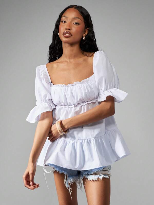 missguided MISSGUIDED Square Neck Puff Sleeve Cotton Ruffle Hem Women Blouse