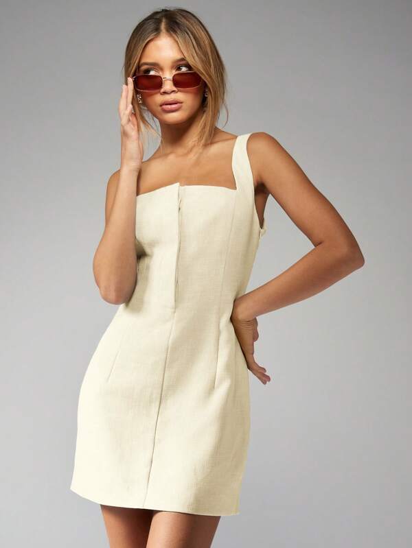 missguided MISSGUIDED Square Neck Sleeveless Linen Feel Mini Dress