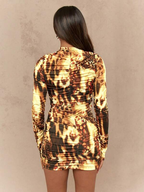 Missguided MISSGUIDED Stand Collar Cut Out Leopard Print Ruched Full Sleeve Bodycon Mini Dress