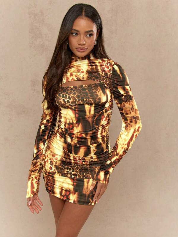 missguided MISSGUIDED Stand Collar Cut Out Leopard Print Ruched Full Sleeve Bodycon Mini Dress