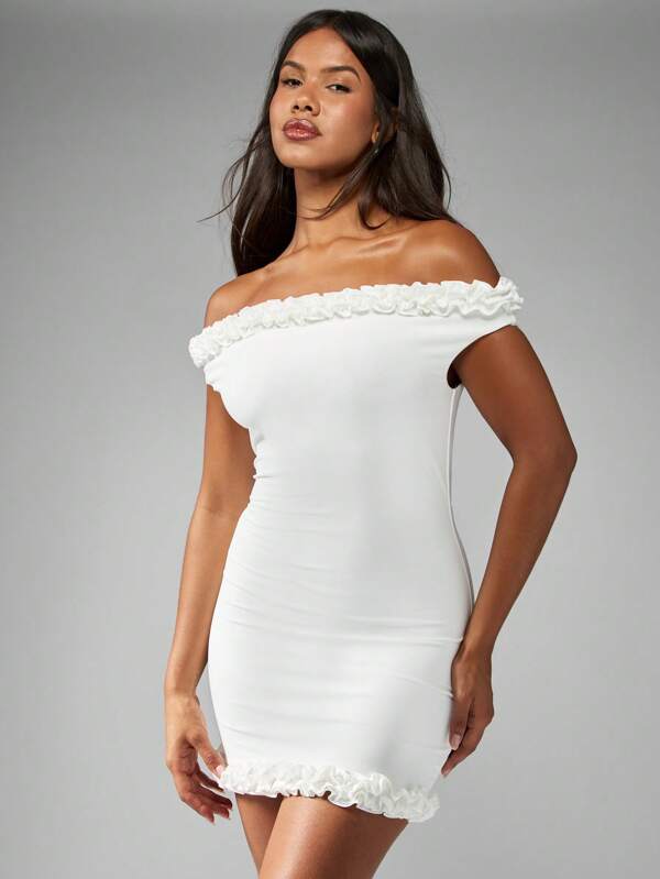missguided MISSGUIDED Statement Bodycon Off Shoulder Ruffle Trim Stretch Mini Dress