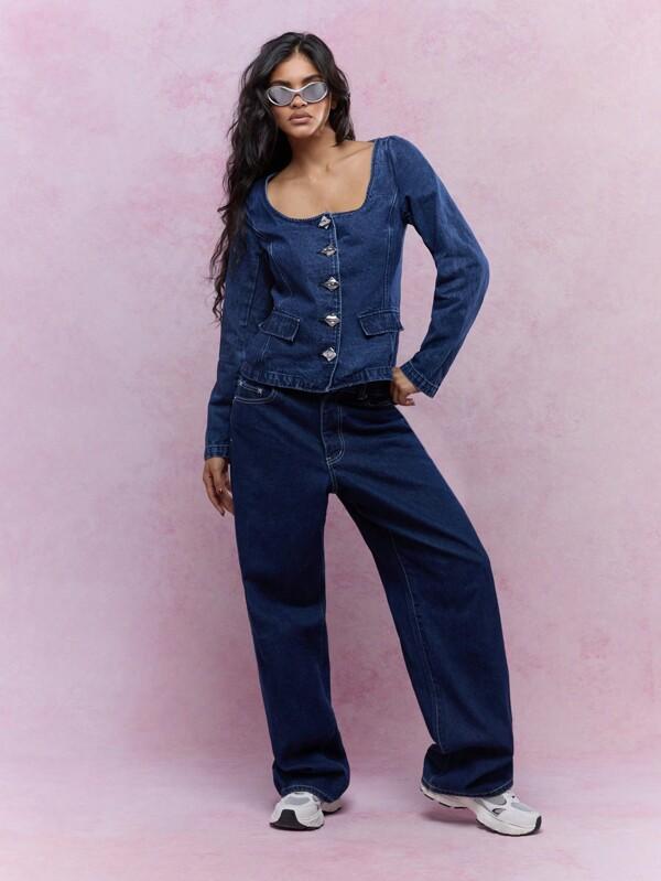 Missguided MISSGUIDED Statement Button Scoop Neck Long Sleeves Denim Jacket Winter Wear