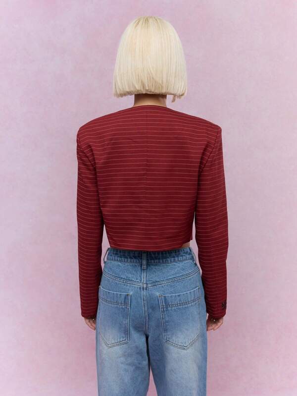 Missguided MISSGUIDED Statement Button Striped Collarless Crop Jacket