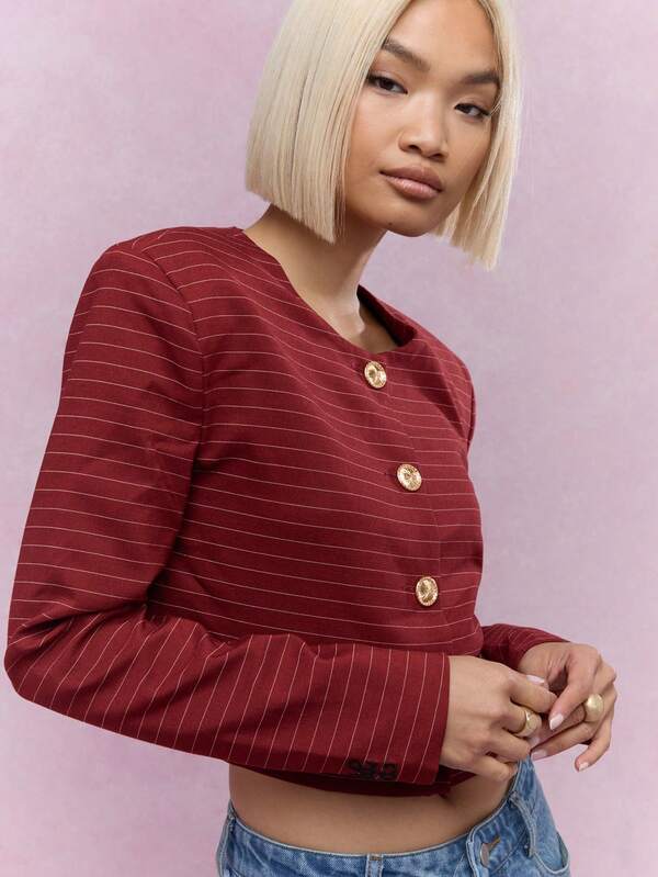Missguided MISSGUIDED Statement Button Striped Collarless Crop Jacket