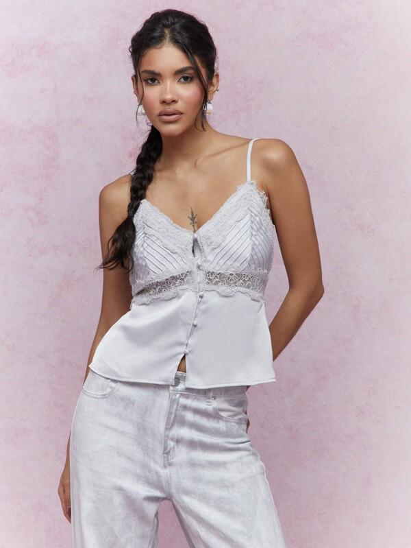 missguided MISSGUIDED Stitching Detail Bust Button Through Lace Cami Top