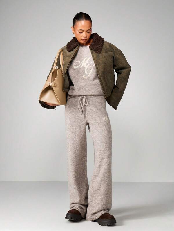 Missguided MISSGUIDED Straight Leg Knit Trousers With Embroidery