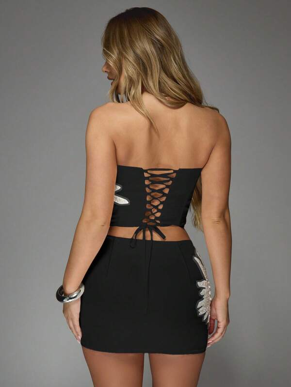 Missguided MISSGUIDED Strapless Bandeau Corset Set With Embellished Mini Skirt