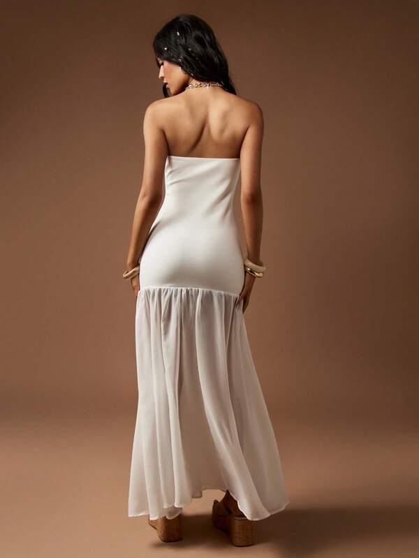Missguided MISSGUIDED Strapless Bandeau Elegant Flowy Sheer Chiffon Maxi Dress