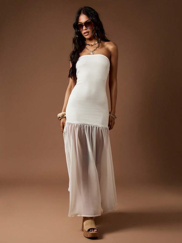Missguided MISSGUIDED Strapless Bandeau Elegant Flowy Sheer Chiffon Maxi Dress