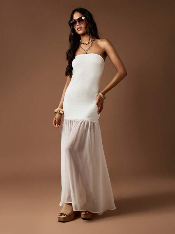 missguided MISSGUIDED Strapless Bandeau Elegant Flowy Sheer Chiffon Maxi Dress