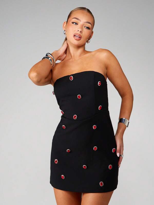 Missguided MISSGUIDED Strapless Bandeau Mini Dress With Crystal Buttons